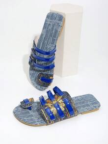Dép xỏ ngón nữ mùa hè mới, chất liệu denim phối nhiều mảnh, đế bằng, mũi tròn đính đá, kiểu dáng thường ngày, đa năng cho mùa xuân/hè. - Màu xanh hải quân - Xem 1