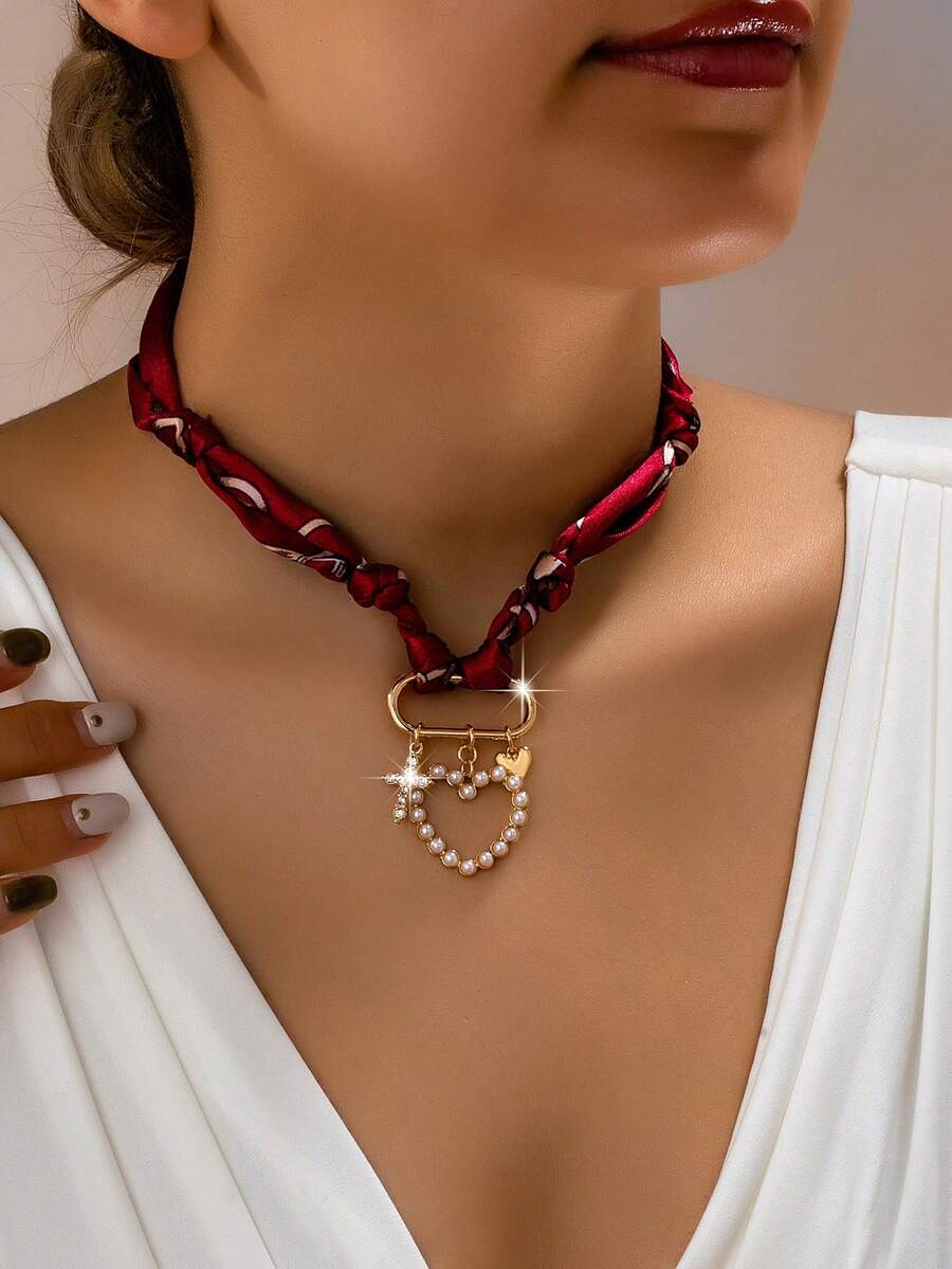 1pc Fashion Heart, Cross, Flower, Ocean & Floral Pattern Scarf Necklace - Scarf Necklace - View 1