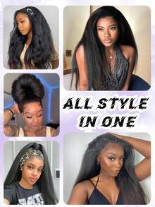 卷曲直发半假发 3合1翻转抽绳卷发假发 女士Yaki直发真人发 无需胶水佩戴 无缝翻转发箍马尾假发 新手友好型发箍假发 - SNatural - 查看 11