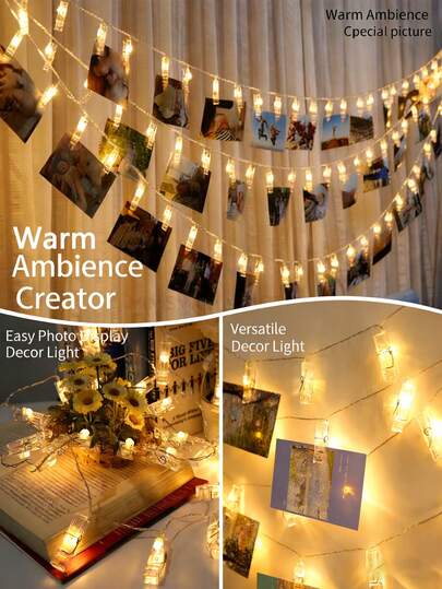 Guirlande lumineuse à pinces photo LED, guirlande lumineuse de fée à pinces, guirlande lumineuse pour accrocher des photos, à piles, décoration pour la maison, guirlande lumineuse à pinces pour cadeaux, patio, chambre à coucher, mariage, anniversaire, fête d'Halloween, festival (sans pile), rentrée scolaire, Saint-Valentin, décoration murale de chambre avec photo, décoration de mariage, décoration murale pour chambre d'enfant, décorations de fête et de vacances avec guirlande lumineuse LED, guirlande lumineuse décorative pour la Saint-Valentin, guirlande lumineuse de décoration de Noël