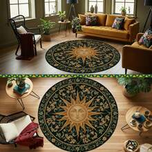 Celestial Sun Round Rug, Vintage Green Whimsigoth Mat, Dark Cottagecore Decor, Boho Floral Circle Carpet, Washable Floor Art - 1PC - Xem 5