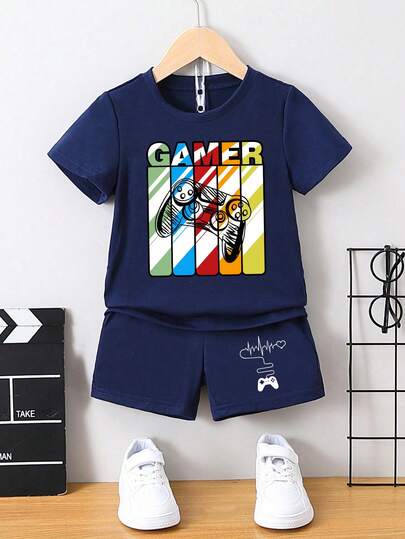 2pcs/Set Boys' Casual Multifunctional Minimalist Cartoon Print Short Sleeve T-Shirt And Shorts, Suitable For Outdoor, School, Vacation, Travel, Relaxation, Sunbathing And Other Summer Occasions
