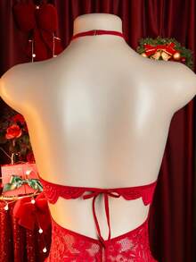 2026 NEW Red Lace Halter Bodysuit With Criss-Straps, Floral Embroidery, And Chiffon Skirt - 紅色 - 查看 5