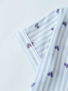 条纹和心形印花短袖上衣和短裤女士睡衣套装，清凉浅蓝色 - 藍色 - 查看 3