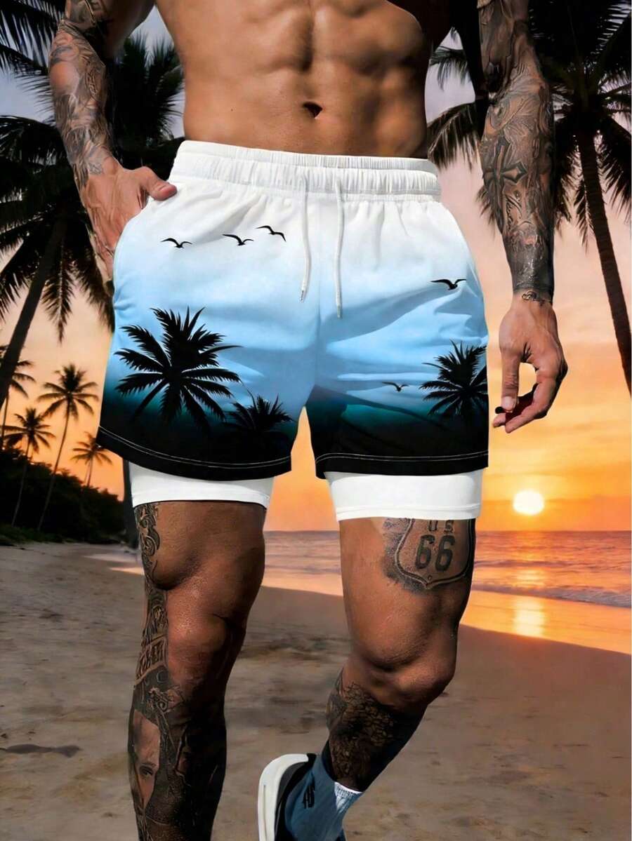Pantalones cortos de playa casuales de hombre con estampado de palmeras de doble capa - Multicolor - Ver 1