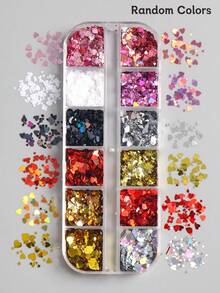 12片装闪亮迷你心形亮片美甲贴纸，红色、粉色、金色、银色，水晶闪片，3D全息激光闪光美甲装饰，混合尺寸，适合婚礼美甲 - 彩色 - 查看 8