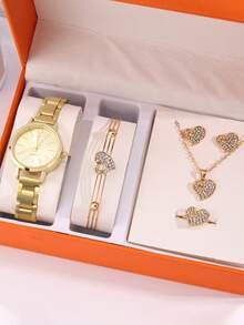 6件套女士手表时尚不锈钢表带模拟石英表心形珠宝套装 - 金色 - 查看 5