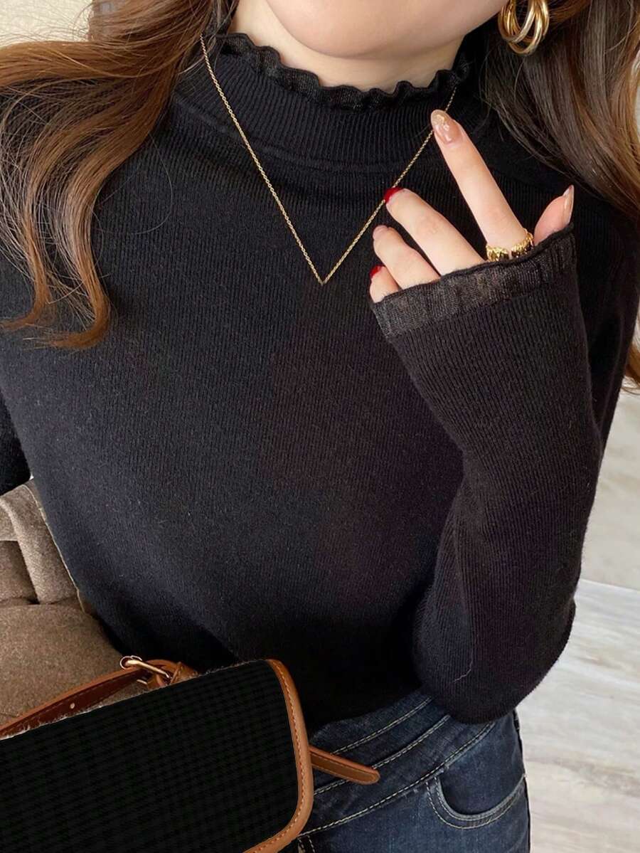 女士秋冬荷叶边高领毛衣 黑色 - 黑色 - 查看 1