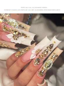 Gold Nail Rhinestone Set For Coffin Nails, 3D Gold Nail Jewelry And Glitter, Suitable For Long Pointed Nails, Luxury Gold Nail Crystal Rhinestone Full Set, Bold Acrylic Nail Decor, Gold Nail Gems And Glitter, Suitable For Daring Nail Designs, Full Coverage Gold Nail Rhinestone Set, Create Unique Nails Nail Supplies Nail Charms - Champagne - View 3