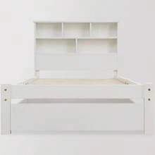 Cama de casal em madeira maciça com gavetas e estrado de ripas, estante integrada para adolescentes e adultos, cama infantil, 140 x 200 cm, branca. - Branco 1 - Ver 5