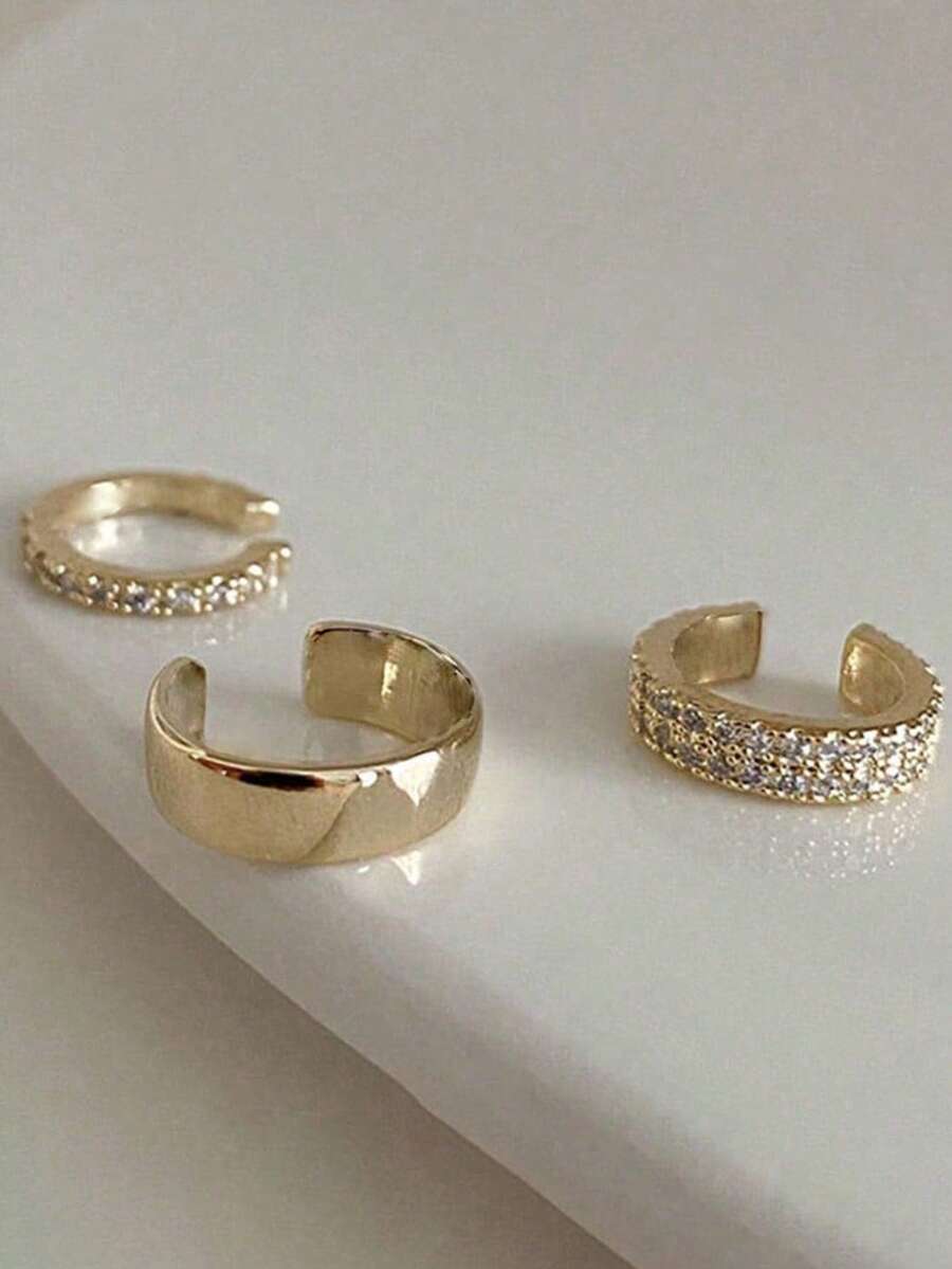 3件套奢华水钻耳夹，女士优雅耳骨耳环，仙女风耳饰 - 金色 - 查看 1