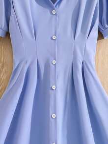 Left Mama Girls' Elegant Bow Collar Short Sleeve Shirt Dress, Summer - Blue - View 5