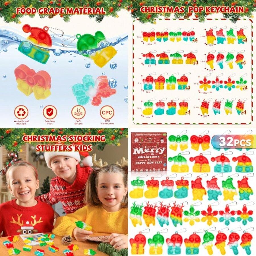 DODOLOL 32 Pack Christmas Party Favors Bulk Fidget Toys Pop Mini Keychain Goodie Bag Stuffers Birthday Students Small Kid Classroom Prizes Bulk ToysValentine's Day, Thanksgiving, Mother's Day, Father's Day - 如圖所示 - 查看 1