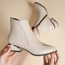 Women's Fashionable British Style Shoes And Ankle Boots, Thick Heeled Short Boots, Side Zipper - 米色 - 查看 4