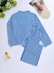 Nina Bonheur Bộ đồ ngủ nữ 2 món gồm áo khoác cardigan dài tay kẻ sọc dáng rộng cài cúc và quần cạp chun, đồ mặc nhà dễ thương. - Xanh và trắng - Xem 4