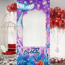 1pc Mermaid Photo Frame Birthday Backdrop, Cartoon Purple Mermaid Tail Ocean Birthday Hollow Banner, Suitable For Birthday Theme Party Decoration, Photography Props - Multicolor - View 4