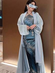 Áo Abaya kín đáo dành cho phụ nữ Trung Đông, áo khoác cardigan kiểu Dubai, chất liệu vải bóng. - Màu xanh Bạc hà - Xem 4