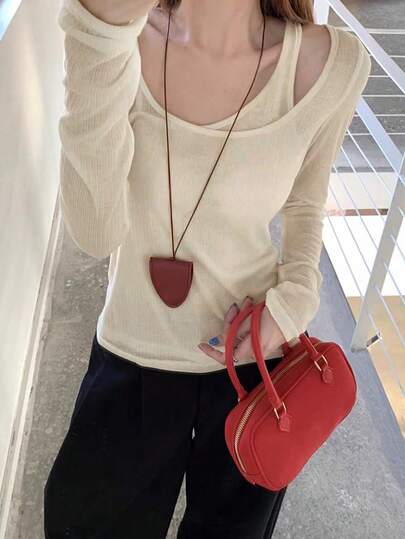 1개 여성 솔리드 컬러 슬림핏 캐주얼 탑 티셔츠 (내부 레이어 미포함)