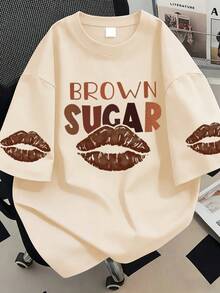 大码女式圆领嘴唇字母印花T恤，适合夏季度假、新年礼物、情人节礼物、日常穿着、外出、节日、海滩、派对、生日、聚会、学校、音乐节、度假、通勤、健身、婚礼、休闲外套等场合。 - 杏色 - 查看 1