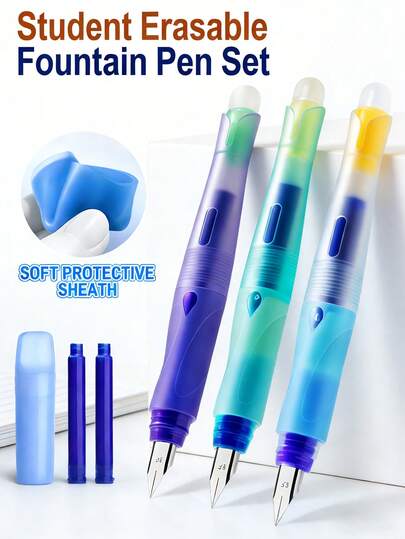 1Pc Student Erasable Fountain Pen Set - Soft Grip Posture Correction, Refillable Blue Ink Cartridges, Back To School Essential Writing Tool