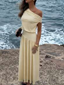 Women's Knit Fabric Summer One Shoulder Pleated Fitted A-Line Dress, New Casual Holiday Beach Vacation Dress - Pale Yellow - View 5