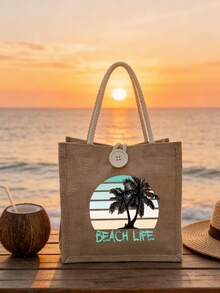 半件装亚麻手提包兼化妆包，日出图案，度假条纹椰树印花，四季皆宜，旅行包，充电器收纳包，休闲多功能手提包，大容量单肩包，女孩旅行必备包，男女通用拉链包，化妆品、化妆和旅行必备轻便接待包 - 彩色 - 查看 15