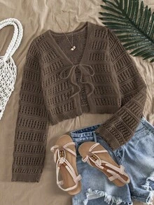 Must-Have For Spring Outdoor Fashion Travel: Women's Fashionable Transparent Knitted Tie Front Cardigan - Burgundy (Available In Multiple Colors), Slim Fit, Long Sleeves, Hollow Knitted Design, Lightweight Transparent Jacket, Spring Women's Casual And Formal Layered Top, Versatile Jacket For All Seasons | Suitable For Family, Leisure, Travel, Office | All Age Groups (Teenagers To Adults) | Spring Valentine's Day Gift - 棕色*春季薄款 - 查看 1