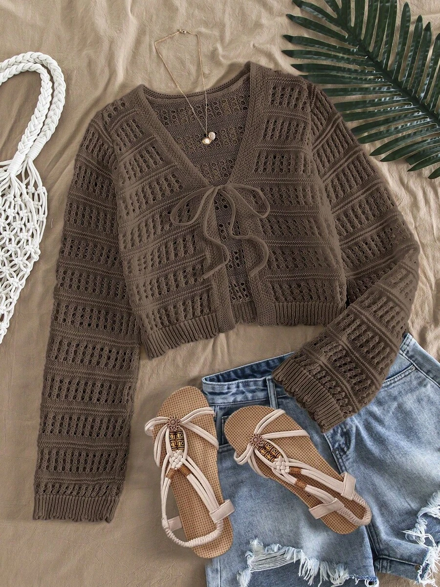 Must-Have For Spring Outdoor Fashion Travel: Women's Fashionable Transparent Knitted Tie Front Cardigan - Burgundy (Available In Multiple Colors), Slim Fit, Long Sleeves, Hollow Knitted Design, Lightweight Transparent Jacket, Spring Women's Casual And Formal Layered Top, Versatile Jacket For All Seasons | Suitable For Family, Leisure, Travel, Office | All Age Groups (Teenagers To Adults) | Spring Valentine's Day Gift - 棕色*春季薄款 - 查看 1