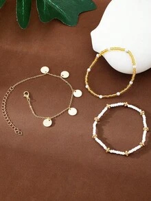 Ensemble de 3 bracelets de cheville élégants et à la mode : bracelet à chaîne, bracelet à pendentif cerise, bracelet à pompon géométrique et bracelet à perles. Bijoux polyvalents pour le quotidien et les vacances à la plage. - Multicolore - Voir 6