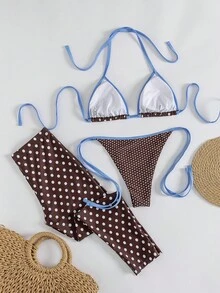 女士新款棕色底白色波点浅蓝色滚边挂脖泳衣套装，复古紧身长腿显瘦，清新复古沙滩波点派对泳装套装 - 棕色 - 查看 2