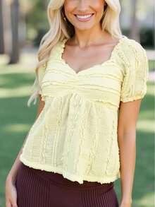 Sweet Petal Sleeve Lace Ruffle Solid Color Smock Top Casual Summer - Light Yellow - View 5