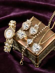 1 Set Mother's Day Women's Watch Set, Fashionable Elegant Round Dial Quartz Watch With Heart-Shaped Pendant Necklace, Earrings, Ring And Bracelet. This Jewelry Set Is Suitable For Daily Wear, Birthday Gift, Back To School, Thanksgiving And Romantic Occasions, Best Choice (Excluding Gift Box) - Gold - View 2