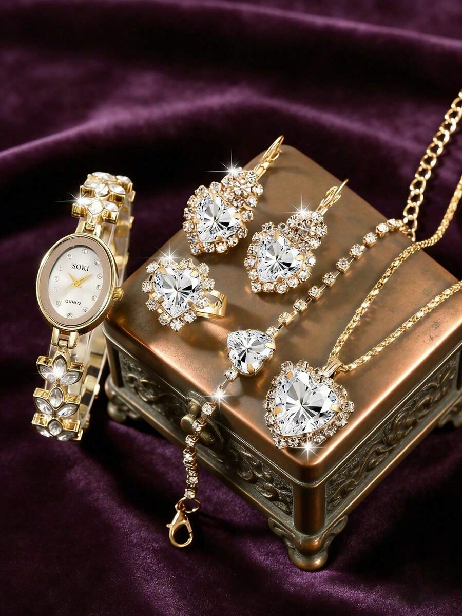 1 Set Mother's Day Women's Watch Set, Fashionable Elegant Round Dial Quartz Watch With Heart-Shaped Pendant Necklace, Earrings, Ring And Bracelet. This Jewelry Set Is Suitable For Daily Wear, Birthday Gift, Back To School, Thanksgiving And Romantic Occasions, Best Choice (Excluding Gift Box)