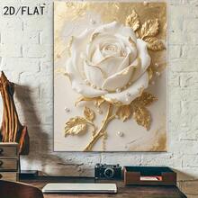 1 Pc Canvas Painting, White Rose Canvas Painting With Golden Leaves, Wooden Framed Art,High Quality ,Thickness 2. 25cm/1in Thick Wall Art Printed Poster, Cuadros,Directly Hung For Family Gifts, Living Room Decoration, Bathroom Decoration, Bedroom Decoration, Kitchen Decoration, Bar Decoration, Office Decoration. Halloween, Christmas And Valentine's Day Gifts, 2D Flat - 多色 - 查看 2