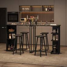 Mesa de bar y 2 sillas con estantes de almacenamiento de 3 niveles, mesa de comedor de cocina retro para 2, muebles de apartamento de ahorro de espacio con taburetes - Tapizado en negro - Ver 4