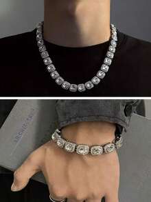 Set de 2 accesorios de hip hop y rap para hombres, con diamante cuadrado, enchapado en oro/plata con rhinestones, collar y pulsera, accesorios para boda, fiesta y uso diario - Conjunto de dos piezas de collar - Ver 3