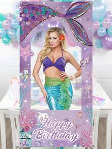 1pc Mermaid Photo Frame Birthday Backdrop, Cartoon Purple Mermaid Tail Ocean Birthday Hollow Banner, Suitable For Birthday Theme Party Decoration, Photography Props - Multicolor - View 7