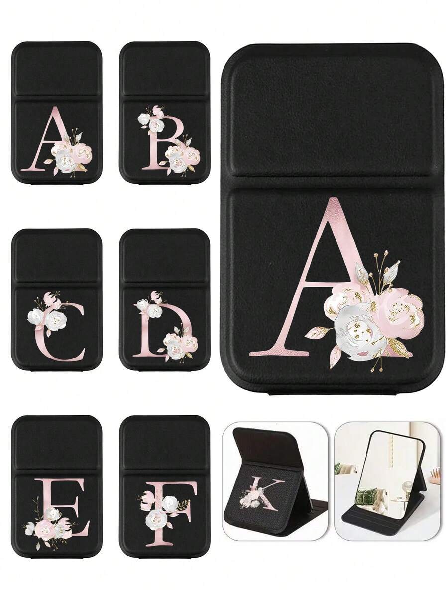Espejo de maquillaje plegable y portátil con estampado floral rosa y letras del alfabeto, espejo de tocador con soporte, espejo de viaje, producto de belleza, espejo de maquillaje de escritorio, espejo de maquillaje plegable minimalista rectangular de escritorio, mejor regalo para mujeres, madres y maestras - Multicolor - Ver 1