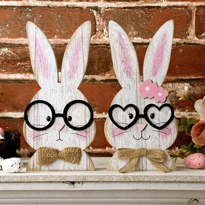 2件套复古乡村风木质兔子情侣复活节装饰品，眼镜蝴蝶结白兔复活节装饰品，农舍风格复活节装饰品，兔子造型装饰牌，适合教堂、家庭聚会、办公室、复活节餐桌中心装饰，可爱的复活节礼物