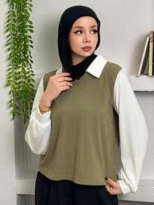 DAZY Blusa informal de manga larga con cuello de solapa y bloques de color para mujer, casual de negocios, otoño - Verde Oliva - Ver 7