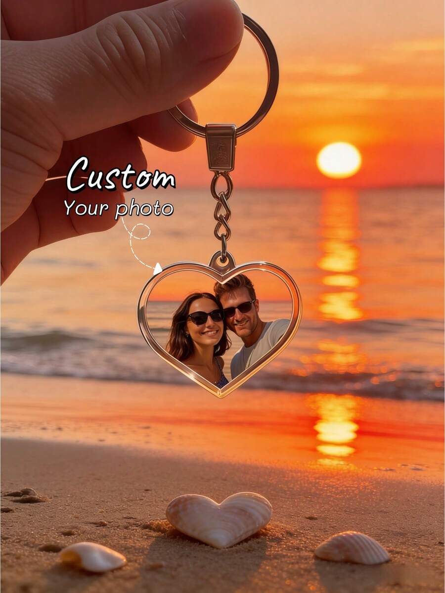 1Pc Personalized Valentine's Day Heart Acrylic Keychain – Custom Photo Keyring With Optional Background Removal, Romantic Love Design, Sweet Valentine's Day Gift For Couples - Multicolor - View 1