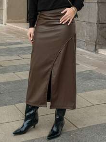 DAZY Women's Solid Color Asymmetric Design Casual Skirt,Pencil Skirt Leather Skirt - Coffee Brown - View 2