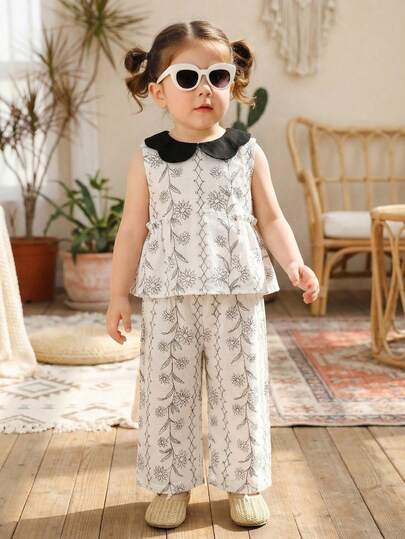 Baby Girls' Delicate Floral Print Set, Sleeveless Vest + Wide Leg Pants 2-Piece Outfit, Elegant Style For Daily Wear, Spring/Summer
