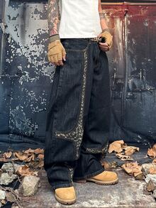 Type Power 1PC Men's Baggy Jeans, Leopard Print Patchwork Retro Washed Wide Leg Streetwear Skate Pants For Daily Wear, Multi Sizes - Black - View 4