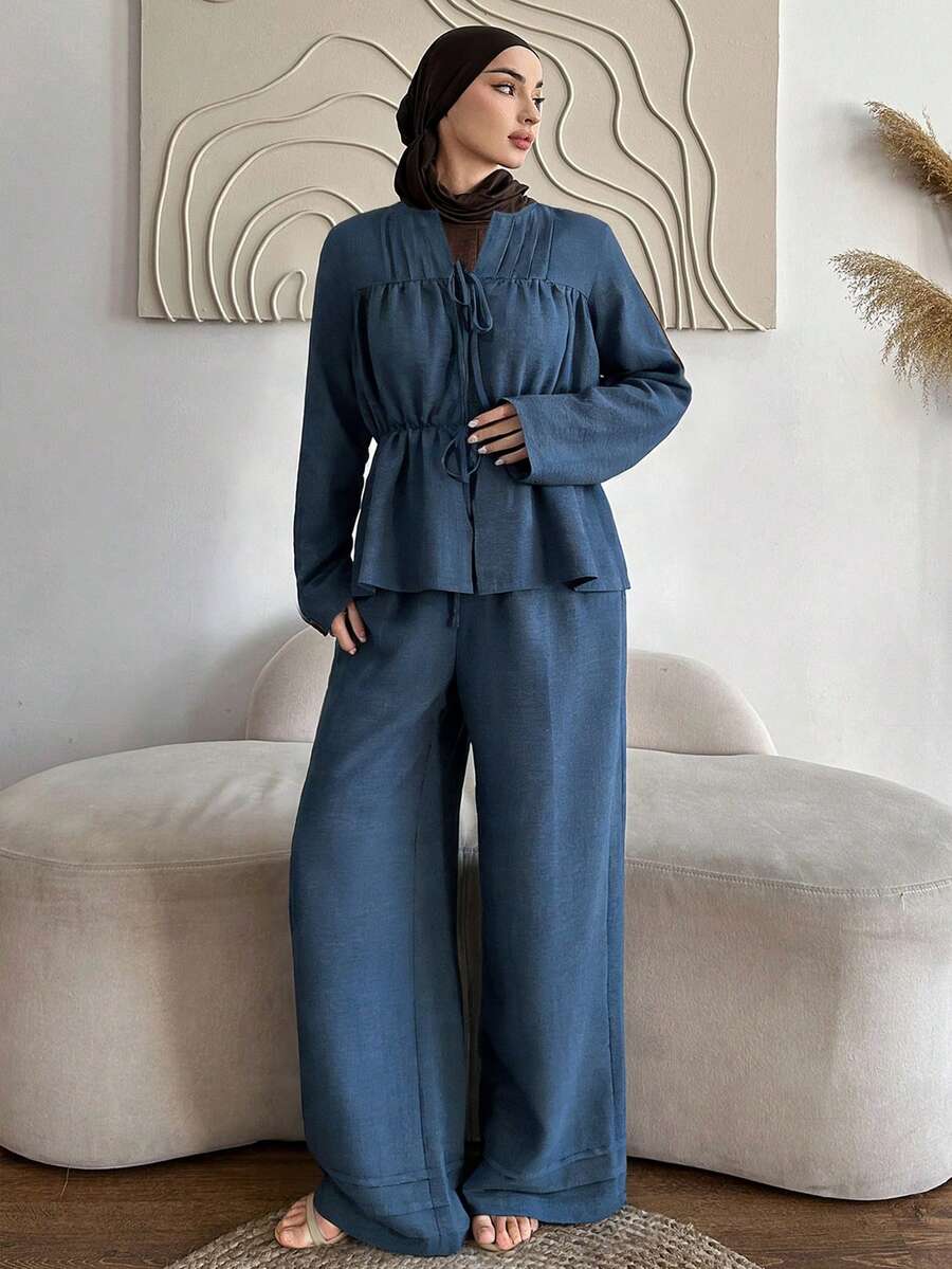 Livesso 2pcs/Set Women Crew Neck Cinched Waist Pleated Top And Casual Pants - Blue - View 1