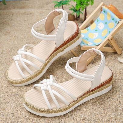 1 đôi sandal cao gót mùa hè cho bé gái, size nhỏ hơn 1 size so với bình thường, thích hợp cho các hoạt động hàng ngày, kỳ nghỉ, đi biển và mặc thường ngày, thiết kế quai màu trơn thời trang, đế dày thoải mái, sandal đế xuồng nhẹ.
