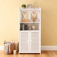 LMstarz Freestanding Three-Tier Bathroom Storage Cabinet, White Waterproof PVC Double-Door Cabinet With Shelving, Suitable For Storing Toilet Paper, Shampoo, Towels And Clothing. - trắng - Xem 10