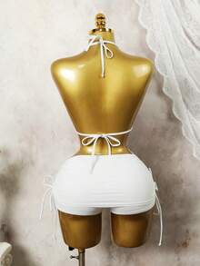 Conjunto de bikini de 3 piezas con estampado de mármol - Bottom de triángulo de cintura alta + Shorts blancos con volantes, traje de baño para fiesta en la playa de mujeres - Blanco - Ver 6