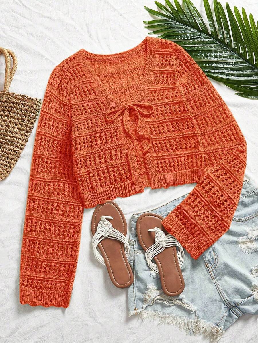 Must-Have For Spring Outdoor Fashion Travel: Women's Fashionable Transparent Knitted Tie Front Cardigan - Burgundy (Available In Multiple Colors), Slim Fit, Long Sleeves, Hollow Knitted Design, Lightweight Transparent Jacket, Spring Women's Casual And Formal Layered Top, Versatile Jacket For All Seasons | Suitable For Family, Leisure, Travel, Office | All Age Groups (Teenagers To Adults) | Spring Valentine's Day Gift - Màu cam* Kiểu dáng mỏng nhẹ mùa xuân - Xem 1