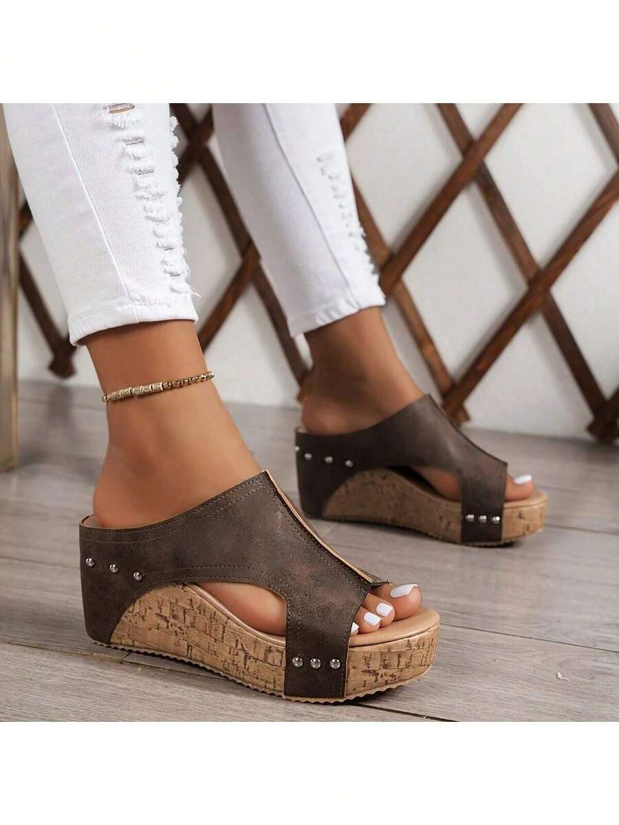 Thick High Heel Wedge Sandals For Women With Open Toe, Non-Slip, Stylish And Versatile, Vintage Design Waterproof Platform Outdoor Wear Women's Shoes Valentines - màu nâu - Xem 1